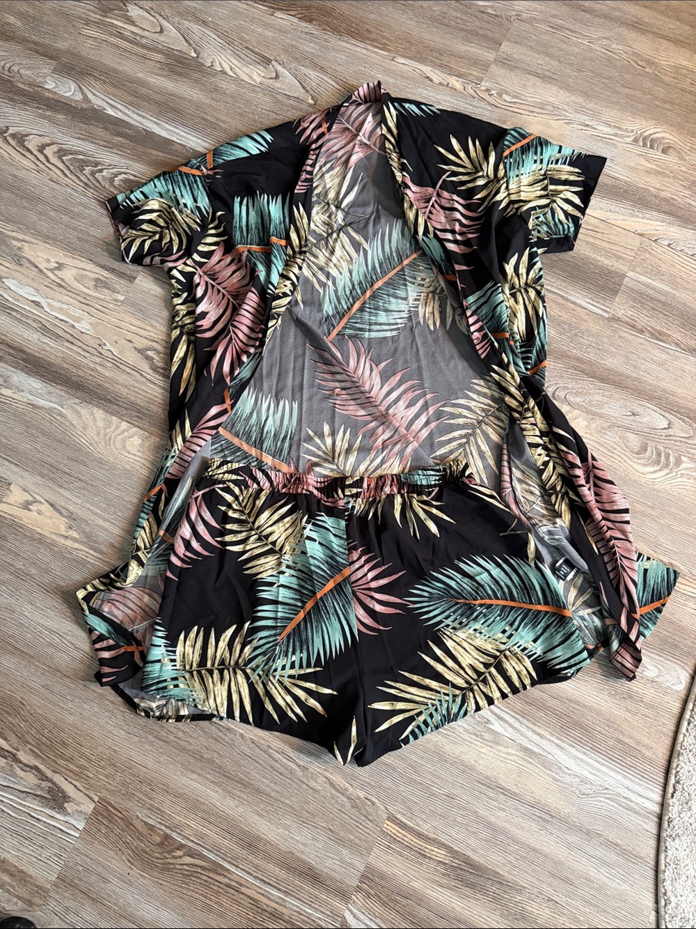 SHEIN Black Tropical Leaf Print Camisole Short Set with Teal and Blush Accents